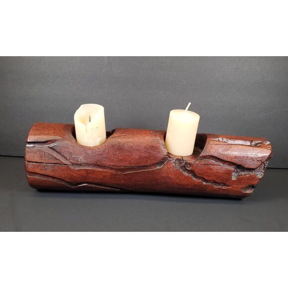Rustic Hand-Carved Log Candle Holder 12″ × 3.25″ × 3″ Wood Centerpiece - Picture 3 of 7
